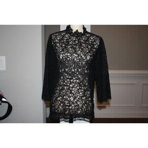 7 For All Mankind Black Lace Top 3/4 Length Bell Sleeves Sz M